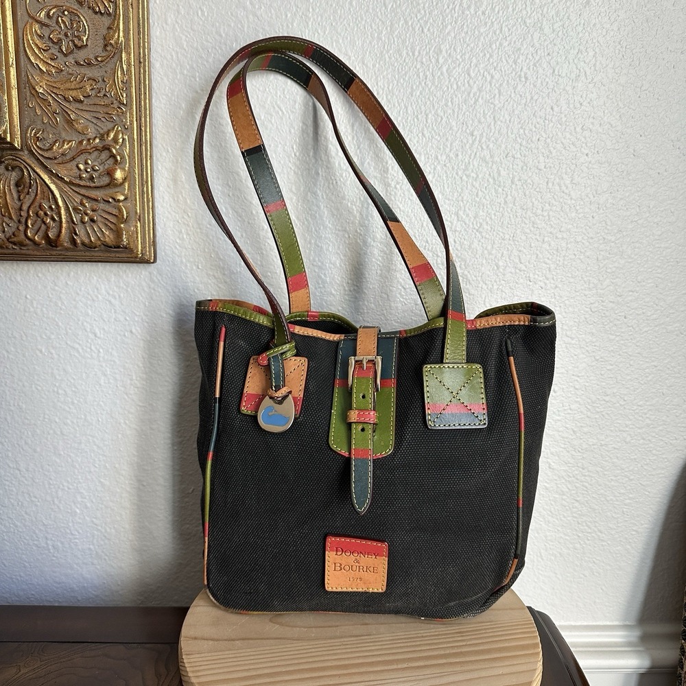 Vintage Dooney & Bourke Multicolor Plaid Trim Canvas Hobo Shoulder Bag Y2K Duck